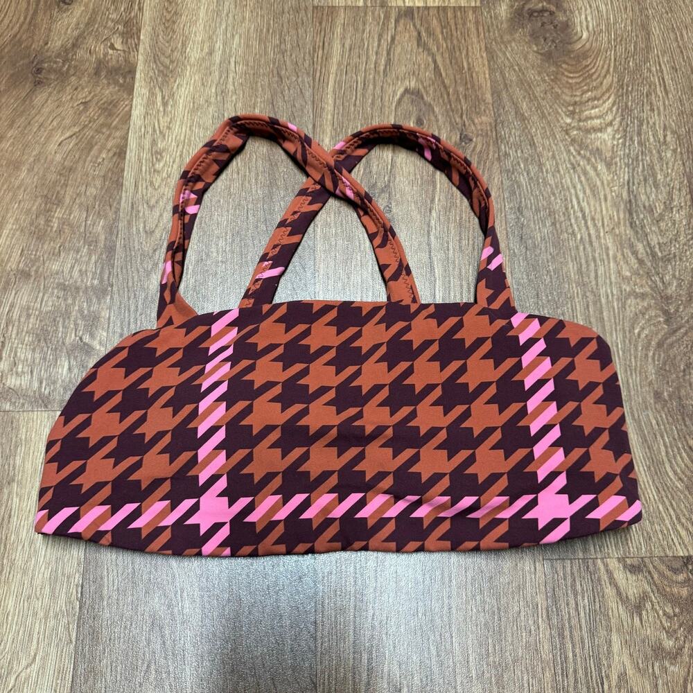 Aerie Offline Real Me Extra Stretch Square Neck Red Houndstooth Sports Bra L
